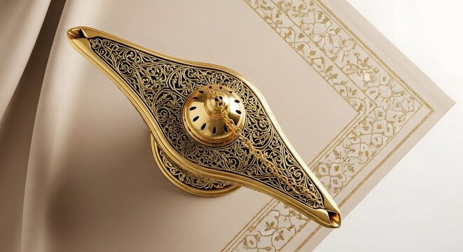 Ornate golden Aladdin lamp with intricate arabesque patterns, sitting on beige fabric with decorative border, evoking magic, wishes, fantasy, and ancient Arabian tales of genies