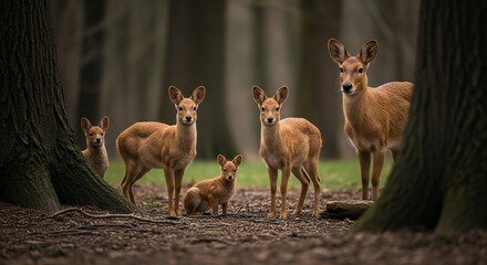 Obraz premium A group of deer, including fawns, stand alert in a dense, dark forest, their light brown coats contrasting with the deep green and brown tones of the trees and undergrowth.