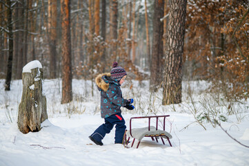 joyful child enjoying sledding in winter forest. Natural lifestyle moments of childhood fun, outdoor play, and seasonal recreation in cold weather