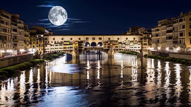 A vibrant night scene features the Ponte Vecchio bridge reflecting on the Arno river. The full moon illuminates the buildings lining the river, enhancing the serene atmosphere.