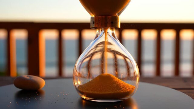 Hourglass with golden sand measures time at sunset on balcony table. Glass timer with flowing sand during sunset. Hourglass shows time passing outdoors. Golden sand flows in glass timer at sunset.