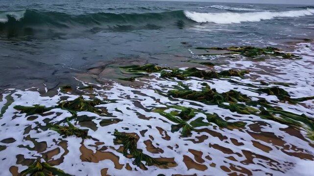 The scene shows waves crashing on the shore, creating foam and splashes. Seaweed is visible along the sandy beach as the water ebbs and flows.