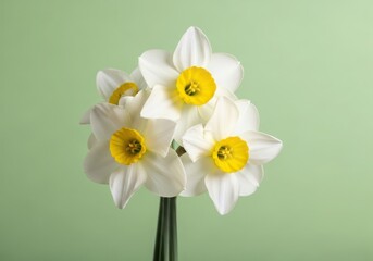 Fototapeta premium A bouquet of white daffodils with yellow centers on green background