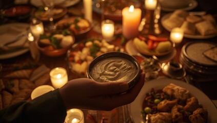 Hand holding bowl of creamy hummus at candlelit iftar dinner table with various dishes and lit candles