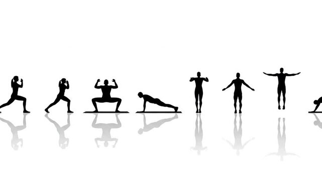 Dynamic instructional illustration showcasing men women performing diverse fitness exercises for health wellness workout training active lifestyle movement energy concept