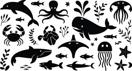 Ocean animals silhouette vector set, sea creatures icons with whale dolphin octopus fish, black and white marine collection © Mosharaf Creative