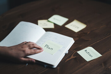 Business planning with notebook and sticky notes, table top view 