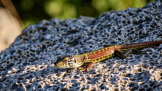 A lizard rests on a textured rock, blending with the natural environment. This lizard showcases vibrant colors and intricate patterns typical of lizards in sunlight.