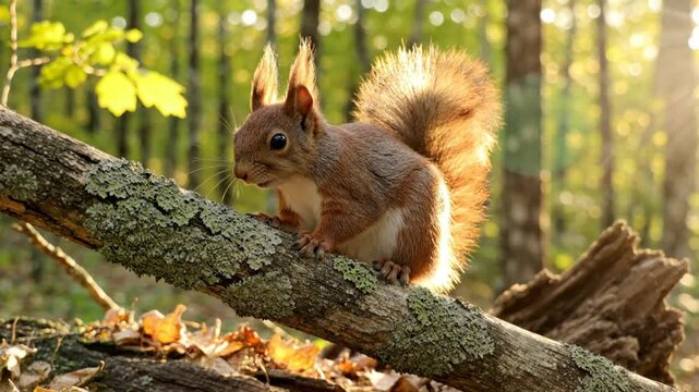 Cute red squirrel with fluffy tail perched on mossy log in bright sunlight amidst forest trees