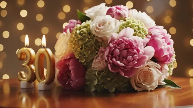 Celebrating a Thirtieth Birthday with a Beautiful Bouquet of Flowers and Burning Candles on a Table