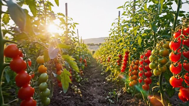 Ripe and green tomatoes growing in rows bathed in the warm morning or evening sunlight in an agricultural field