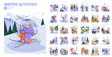 Winter Activities Pack Vector Illustration with Ski Lift Ride