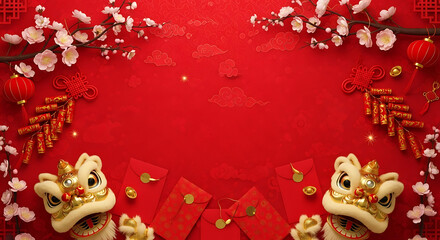 Obraz premium Red Background with Red Envelopes and Plum Blossoms in Corner