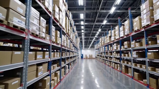 The warehouse contains multiple shelves filled with cardboard boxes. The organized layout of the warehouse showcases the rows of boxes and clear space for movement.