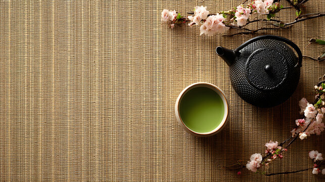 Japanese Zen Flat Lay with Matcha Tea and Sakura on Tatami	