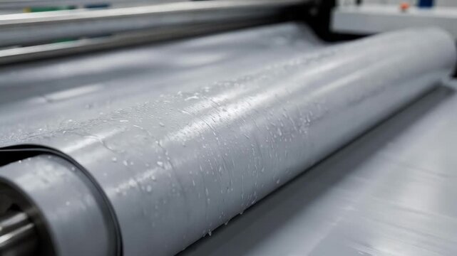 Closeup medium shot of PVCcoated technical fabric moving smoothly on an industrial conveyor system showcasing material flexibility and waterresistant properties.