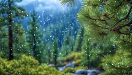 Obraz premium Rainy Forest Serenity A tranquil forest scene unfolds, with a gentle rain creating a serene atmosphere. Captured in close-up, the delicate raindrops enhance the beauty of the surrounding forest.