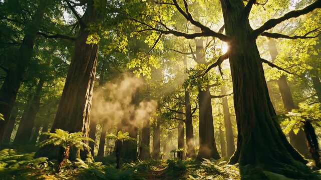 A captivating video showcasing sunlight filtering through a dense forest filled with majestic trees