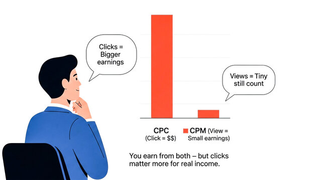 illustration of ad revenue analysis, businessman evaluating cpc vs cpm strategy