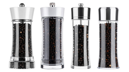 Collection of Pepper grinder. Black peppercorn mill, Set of png on transparent background