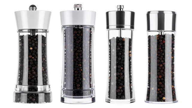 Collection of Pepper grinder. Black peppercorn mill, Set of png on transparent background