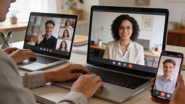 Remote work video call on laptop screens, diverse men and women in online meeting, modern home office collaboration and productivity, virtual teamwork for International Womens Day