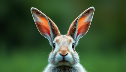 Obraz premium A close-up portrait of a curious rabbit with large ears and a blurred green background