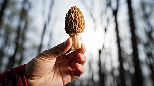 Hand Holds Up Morel Mushroom Against a Blurry Forest Background
