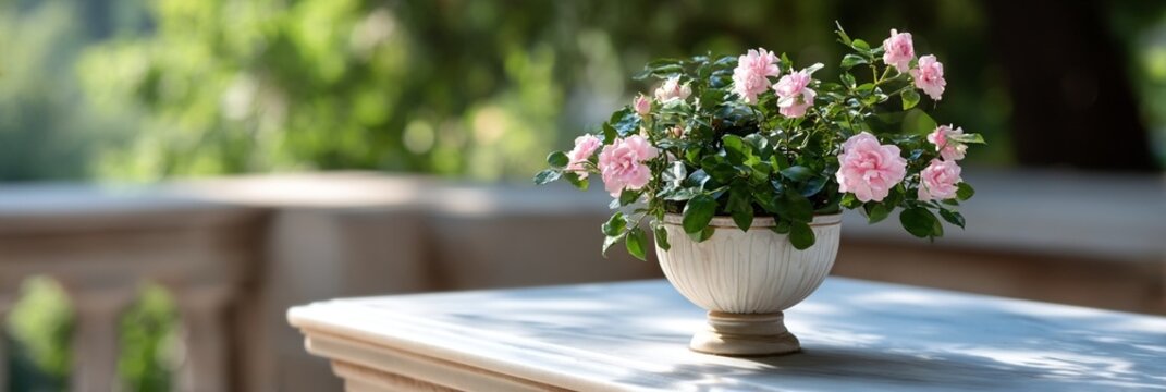 Pink rose potted plant on sunlit patio table, soft bokeh garden background for home decor and gardening content, calm spring mood for Mothers Day