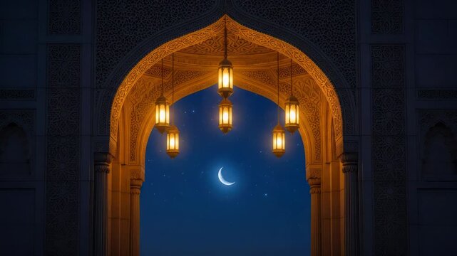 Ramadan Lanterns Hanging Under Arched Gateway Against Starry Night Sky with Crescent Moon
