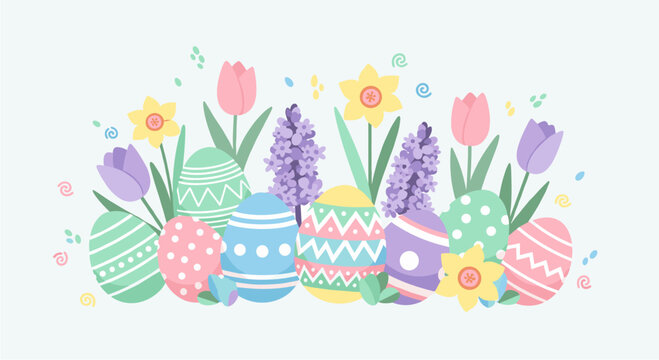 Vibrant Easter illustration featuring beautifully decorated eggs nestled among colorful spring flowers like tulips, hyacinths, and daffodils, perfect for festive holiday designs.