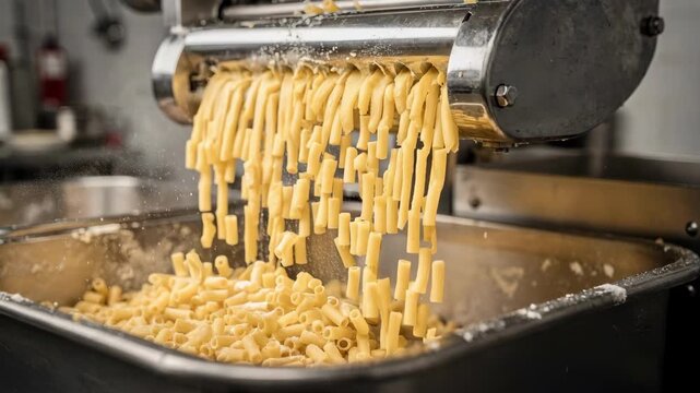 Medium shot of macaroni pasta being produced by dough pushed through a curved die focusing on the short hollow tubes falling into collection bins.