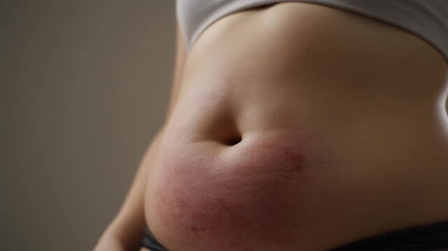 Close-up of a person's abdomen showing inflamed, red skin around the navel area, indicative of a rash, allergic reaction, or potential skin infection