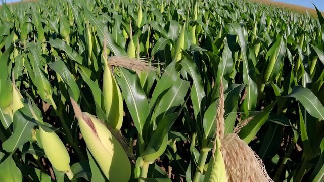 The image shows a vast field of corn plants with green leaves and developing corn ears. The rows of corn plants create a dense landscape, highlighting the growth and abundance of corn.