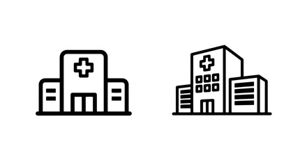Hospital building icons with medical cross symbol, representing healthcare facilities.
