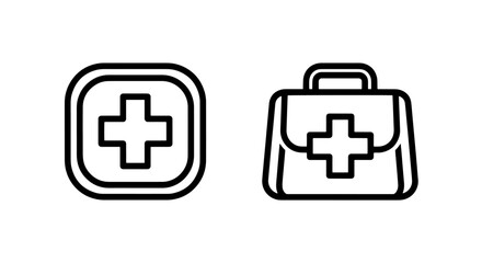 Outline vector icons of a rounded shield with a plus symbol and a medical bag