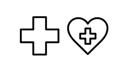Obraz premium Clean line icons of a large medical cross and a heart with a cross inside