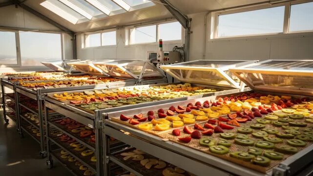 Medium shot of sunpowered dryers gently drying colorful fruits in a solarassisted dehydration facility showcasing sustainable food preservation technology under natural sunlight.