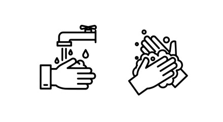 Line art icons of washing hands with water from a faucet and lathering hands with soap.