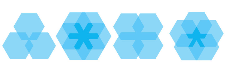 Geometric hexagon venn diagram sequence with multiple overlapping section variations vector infographic for data intersection balance chart model business graphic blue element clean design layout