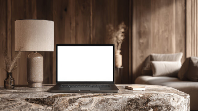 Modern laptop with blank white screen on marble table in cozy living room interior. Display mockup. Generative AI