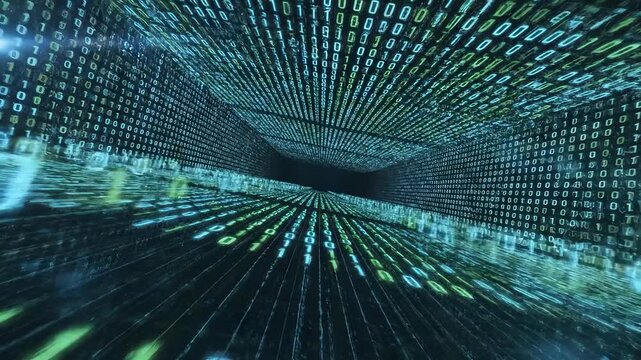 The scene depicts a digital environment filled with binary code. This binary code forms a tunnel-like structure, emphasizing a sense of depth in the digital space.