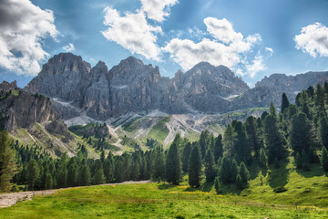 Obraz premium Lush forest at the foot of the Rosengarten Group, Dolomites