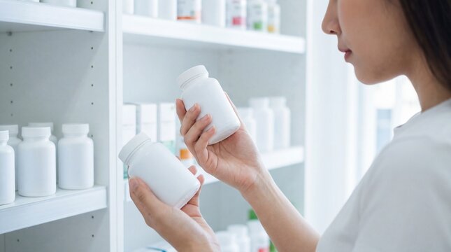 Asian female pharmacist comparing two white medicine bottles in a pharmacy, shelves filled with various pharmaceutical products visible in the background