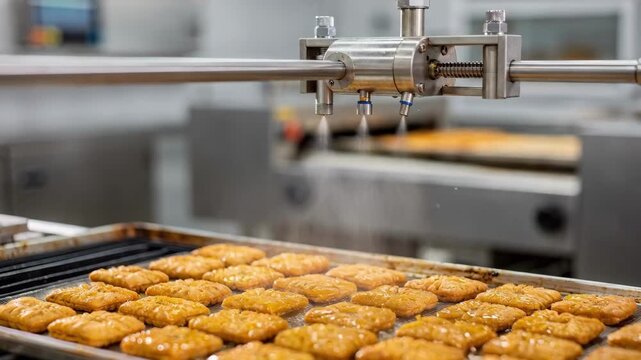 Medium shot showcasing a lowoil spray applicator gently coating baked snacks with minimal flavored oil focusing on precise and controlled flavor enhancement before packaging.
