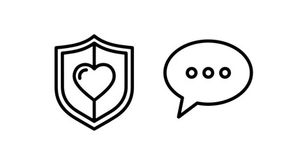 Shield with heart icon and speech bubble with ellipses, representing care and conversation