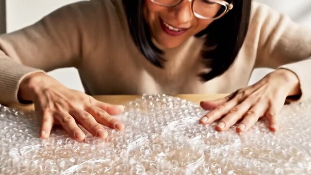 Someone creating bubble wrap art by popping patterns, satisfying pops.