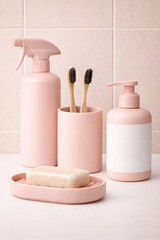 Blush Pink Bathroom Accessories Mockup with Cleaning Bottle