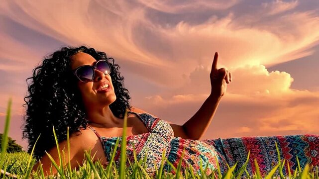 A person watching clouds and identifying shapes, lying on grass, dreamy sky.
