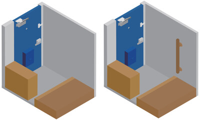 アイソメトリックな狭い玄関に手すりを設置する前と後のイラスト素材